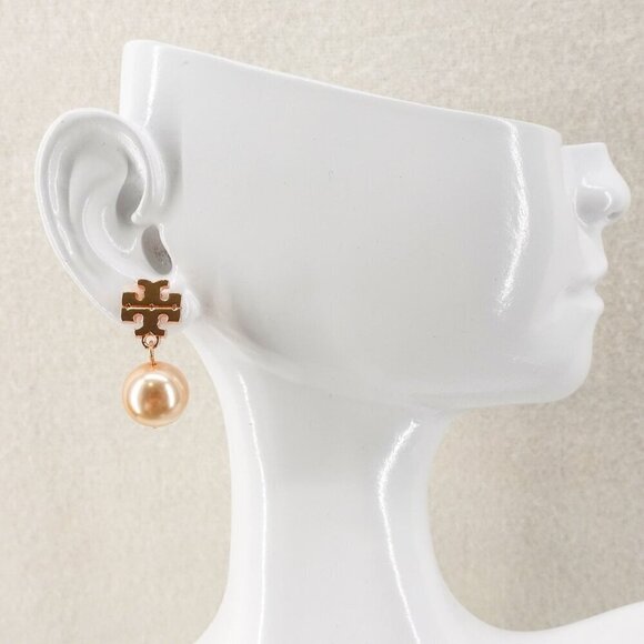 Tory Burch Faux Pearl Logo Drop Earrings Rose Gold OS - Picture 10 of 12